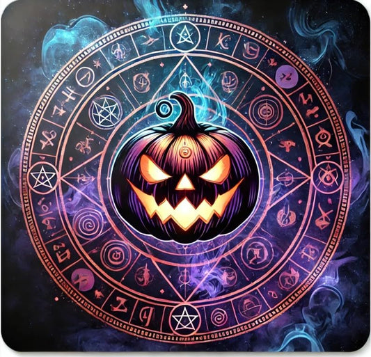 Vinyl sticker: Arcane Symbols Mystic Pumpkin Sticker for Laptop, Wall, Car, Window, Bumper, Waterproof Decal with Glowing Runes, Swirling Mist, and Eerie Halloween Design