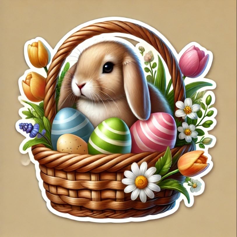 Vinyl sticker: Easter Basket with Realistic Rabbit Laptop Wall Car Window Bumper Sticker Decal Truck Waterproof Auto Water Bottle – Lifelike Bunny with Pastel Eggs & Spring Flowers