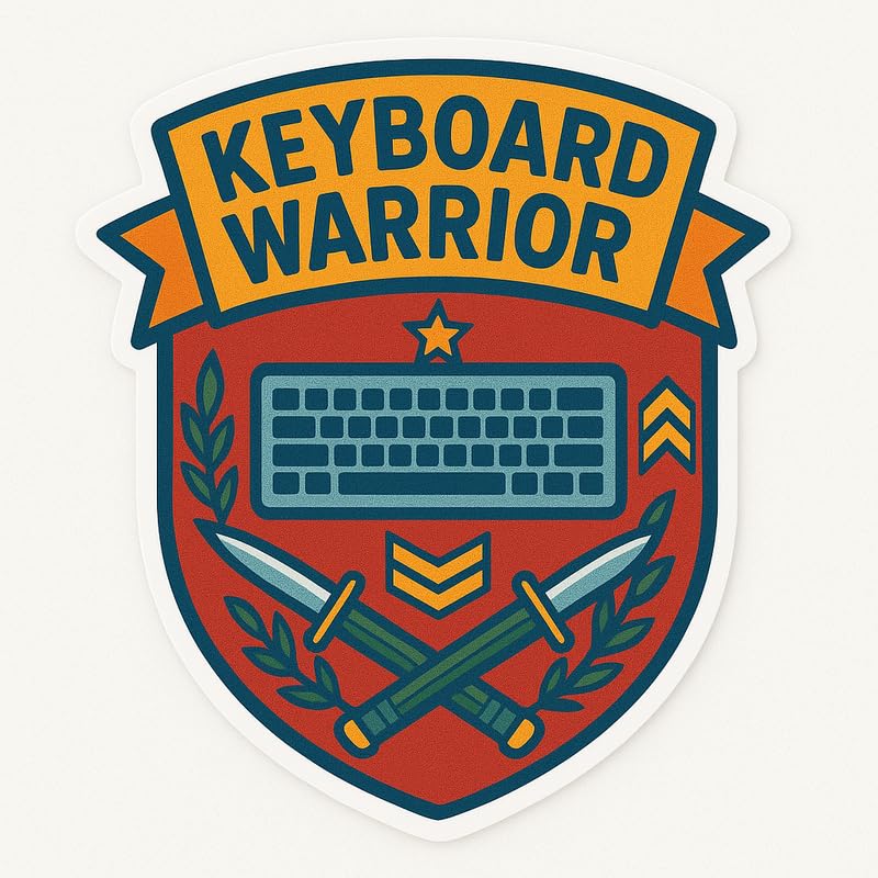 Vinyl sticker: Keyboard Warrior Laptop Wall Car Window Bumper Sticker Decal Truck Waterproof Auto Water Bottle Bright Combat Crest with Swords, Keyboard and Star Emblem