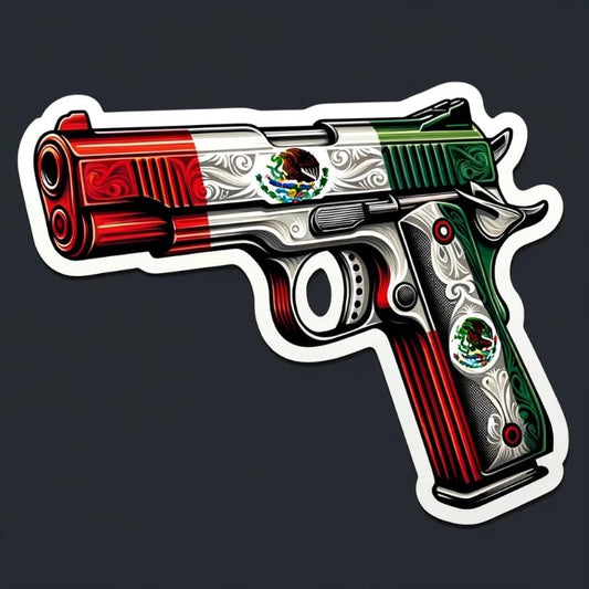 Vinyl sticker: Realistic Mexican Flag Colored Handgun Sticker for Car, Window, Laptop, Truck, Bumper - No Outline, High-Detail Decal for Auto and Water Bottles