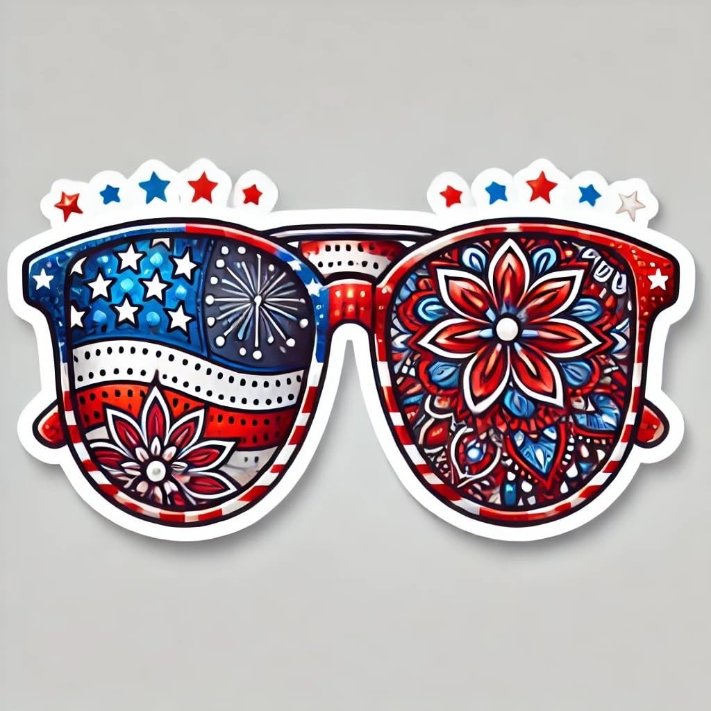 Vinyl sticker: 4th of July Sunglasses Sticker for Laptop, Wall, Car, Window, Bumper, Water Bottle - Patriotic Decal with Mandala Center - Waterproof and Durable