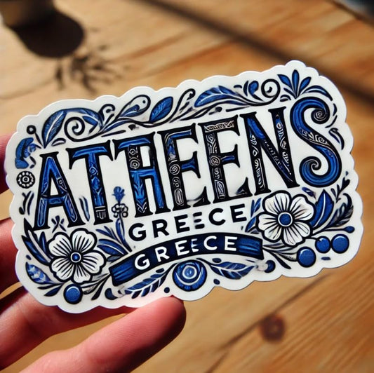Vinyl sticker: Athens Greece Blue & White Floral Sticker for Laptop, Wall, Car, Window, Bumper, Decal, Truck, Waterproof, Auto, Water Bottle