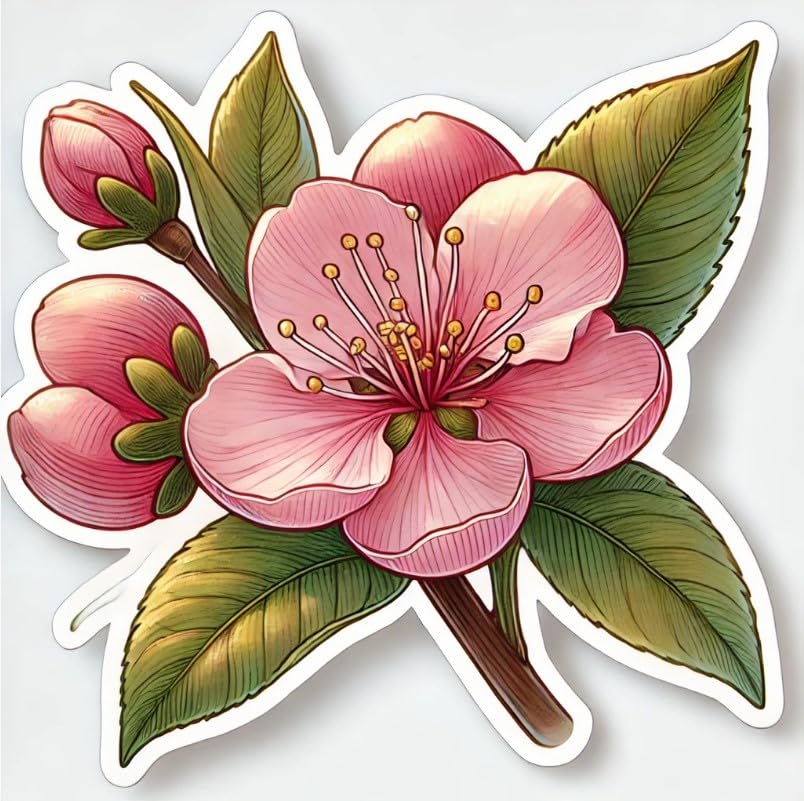 Vinyl sticker: Peach Blossom Laptop Wall Car Window Bumper Sticker Decal Truck Waterproof Auto Water Bottle – Elegant Floral Design. Variation 1
