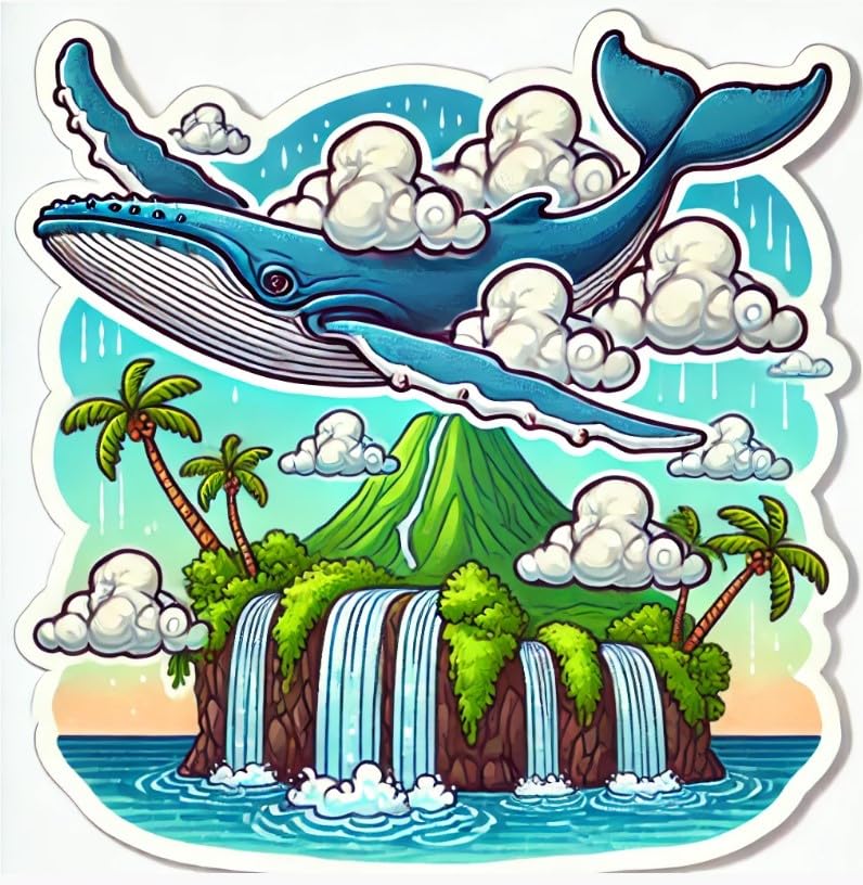 Vinyl sticker: Waterproof Laptop Car Wall Window Bumper Sticker Decal of Humpback Whale Flying with Cloud Wings Over Hawaiian Island with Waterfalls
