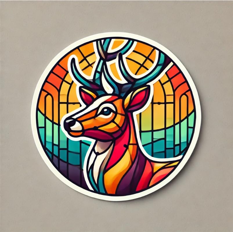 Vinyl sticker: Round Stained Glass Deer Sticker - Vector Nature Illustration Decal for Laptop, Wall, Car, Window, Bumper, Truck, Waterproof Auto, Water Bottle Decor