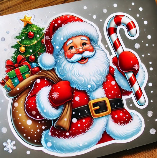 Vinyl sticker: Santa Claus with Gift Sack and Candy Cane Christmas Sticker for Laptop, Wall, Car Window, Bumper, Truck, Waterproof Holiday Decal for Water Bottles, Auto and More
