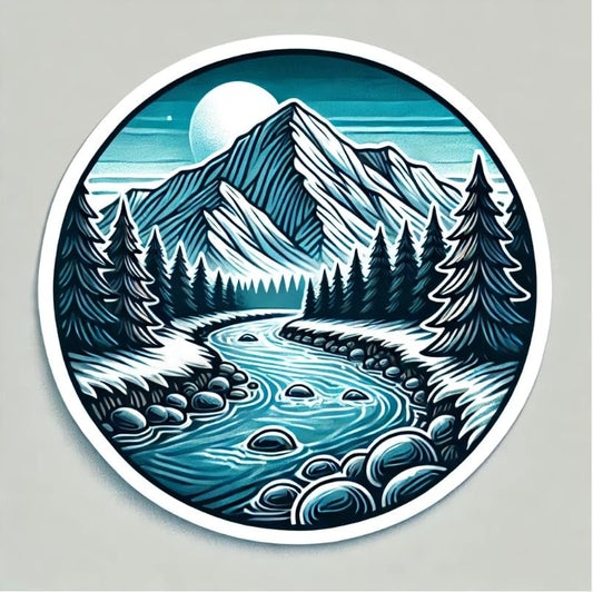 Vinyl sticker: Round Snowy Mountain Landscape Sticker - Natural Scenery Decal for Laptop, Wall, Car, Window, Bumper, Truck, Waterproof Auto, Water Bottle Decor