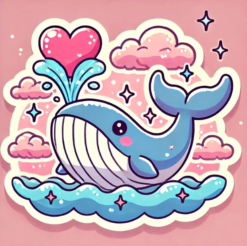 Vinyl sticker: Waterproof Laptop Car Wall Window Bumper Sticker Decal of Humpback Whale Spraying Heart-Shaped Spout Surrounded by Stars and Pink Clouds