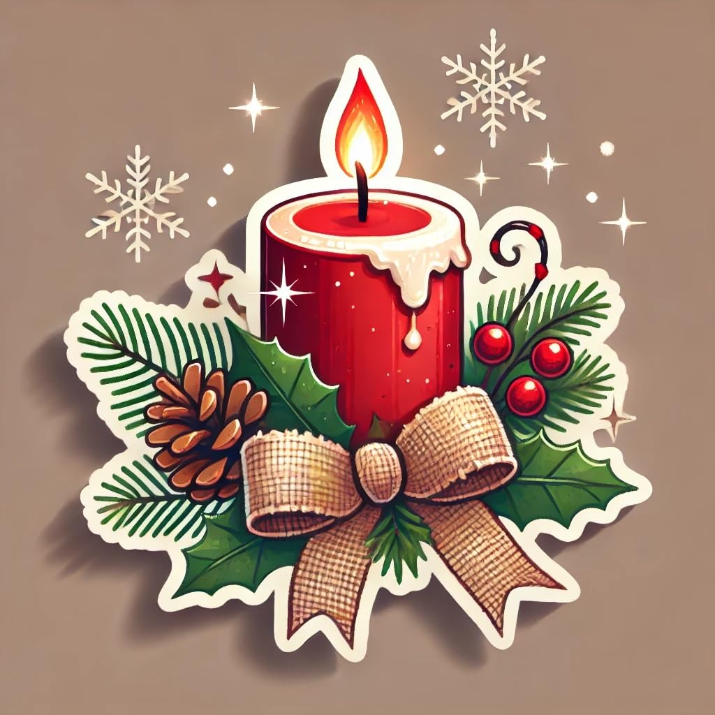 Vinyl sticker: Christmas Candle Sticker for Laptop, Wall, Car, Window, Bumper – Minimalist Candle with Pine Sprig and Red Ribbon – Waterproof, UV Resistant for Truck, Auto, Water Bottle, and More