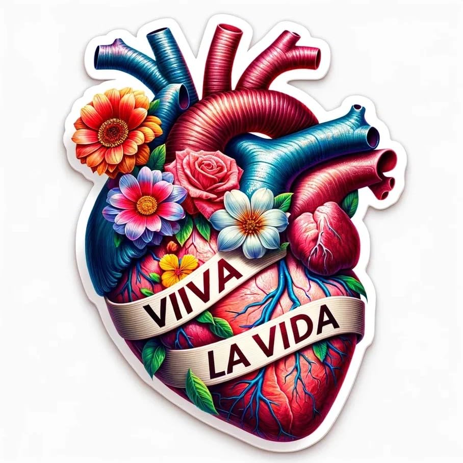 Vinyl sticker: Viva LA VIDA Laptop Accessory Flowers Heart Lifestyle Sticker Frida Kahlo Inspired Multicolor Waterproof Vinyl Decals in Diverse Shapes for Laptops Cars Bottles (8")