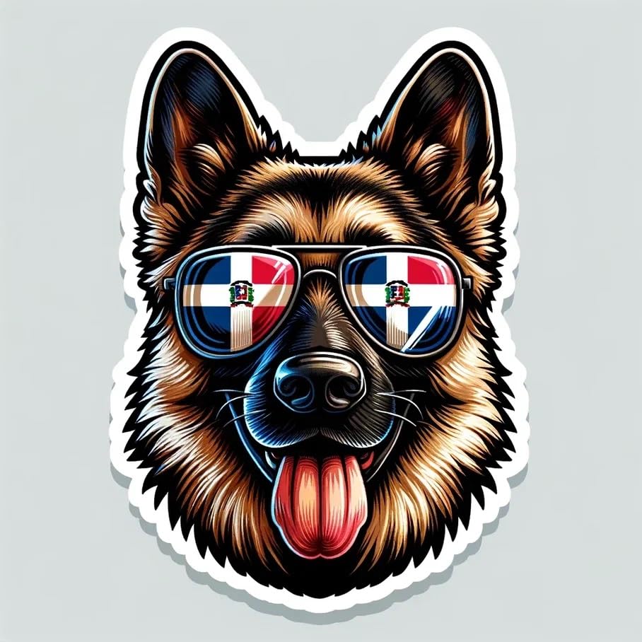 Vinyl sticker: Sticker German Shepherd Glasses Flag Dominican Patriotic Dog Vinyl Decal American Flag & Cute Dogs in Glasses USA Pride Canine Waterproof Décor for Laptops Water Bottles Country Flag Sticker