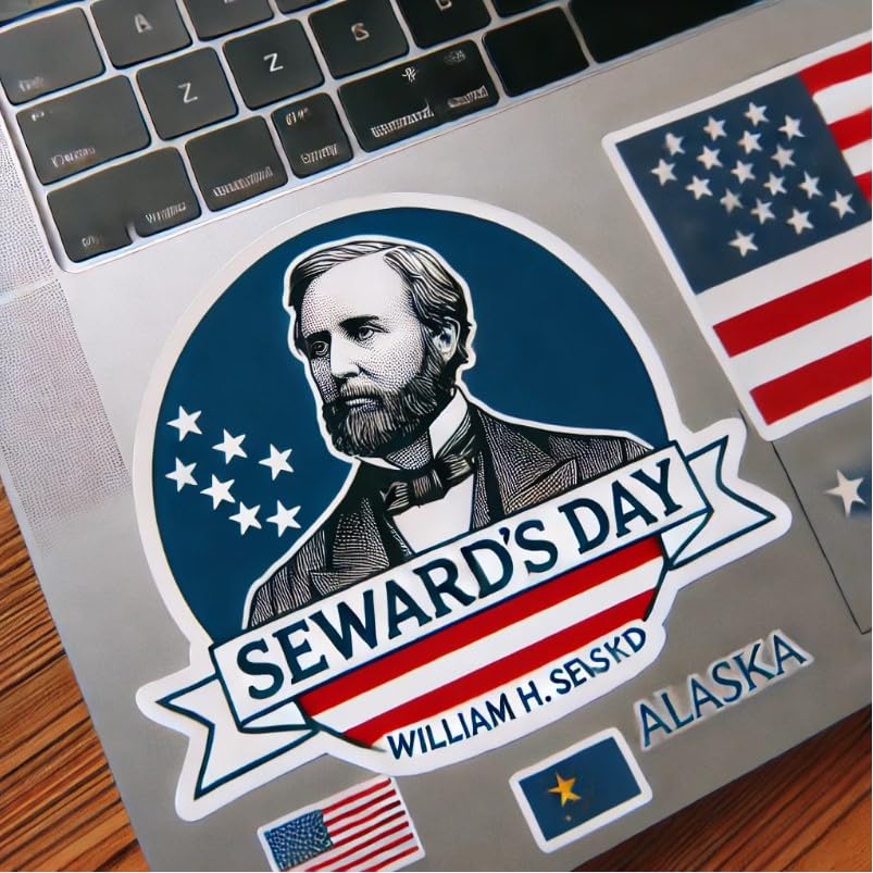 Vinyl sticker: Seward's Day Alaska Flag Portrait Laptop Wall Car Window Bumper Sticker Decal Truck Waterproof Auto Water Bottle