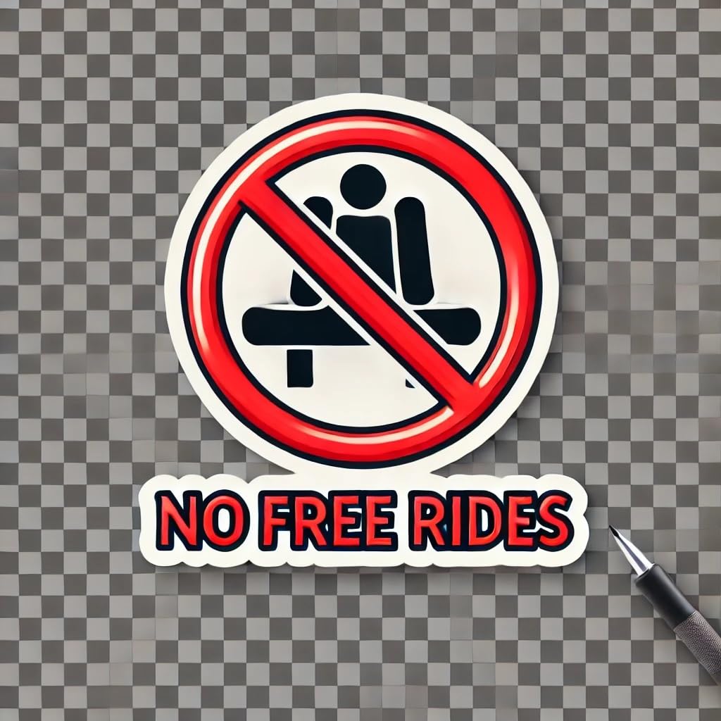 Vinyl sticker: "'No Free Rides' Transparent Waterproof Car Bumper Sticker Decal for Truck, Laptop, Window, Auto, and Water Bottle"