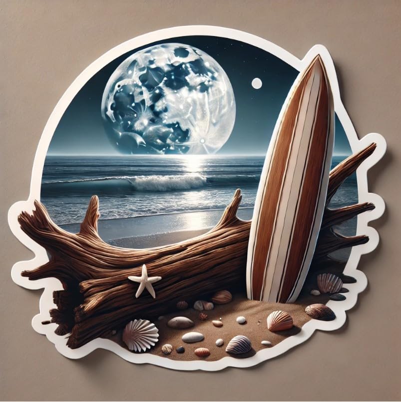 Vinyl sticker: Laptop Wall Car Window Bumper Sticker Decal Truck Waterproof Auto Water Bottle Surfboard Leaning on Driftwood with Moonlight, Shells, and Breeze