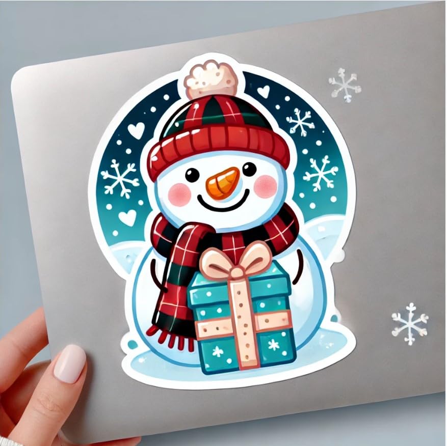 Vinyl sticker: Snowman Plaid Scarf Present Sticker for Laptop, Car, Wall, Window, and Water Bottle | Winter Holiday Decal