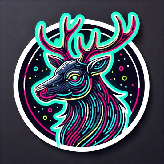 Vinyl sticker: Round Neon Deer Sticker - Vector Nature Illustration Decal for Laptop, Wall, Car, Window, Bumper, Truck, Waterproof Auto, Water Bottle Decor