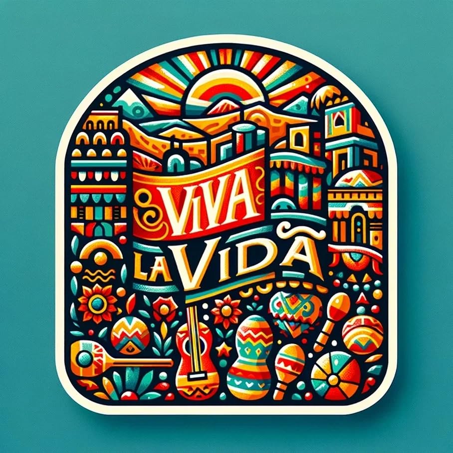 Vinyl sticker: Viva LA VIDA Artistic Design Sun Guitar Lifestyle Sticker Frida Kahlo Inspired Multicolor Waterproof Vinyl Decals in Diverse Shapes for Laptops Cars Bottles (8")