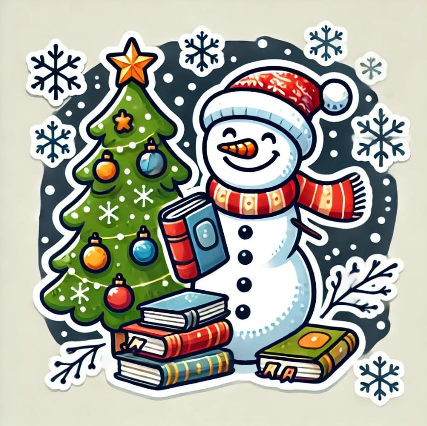 Vinyl sticker: Snowman with Books and Christmas Tree Festive Design