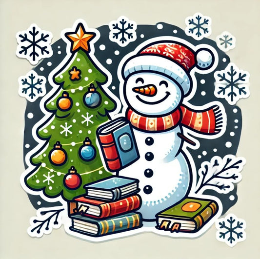 Vinyl sticker: Snowman with Books and Christmas Tree Festive Design