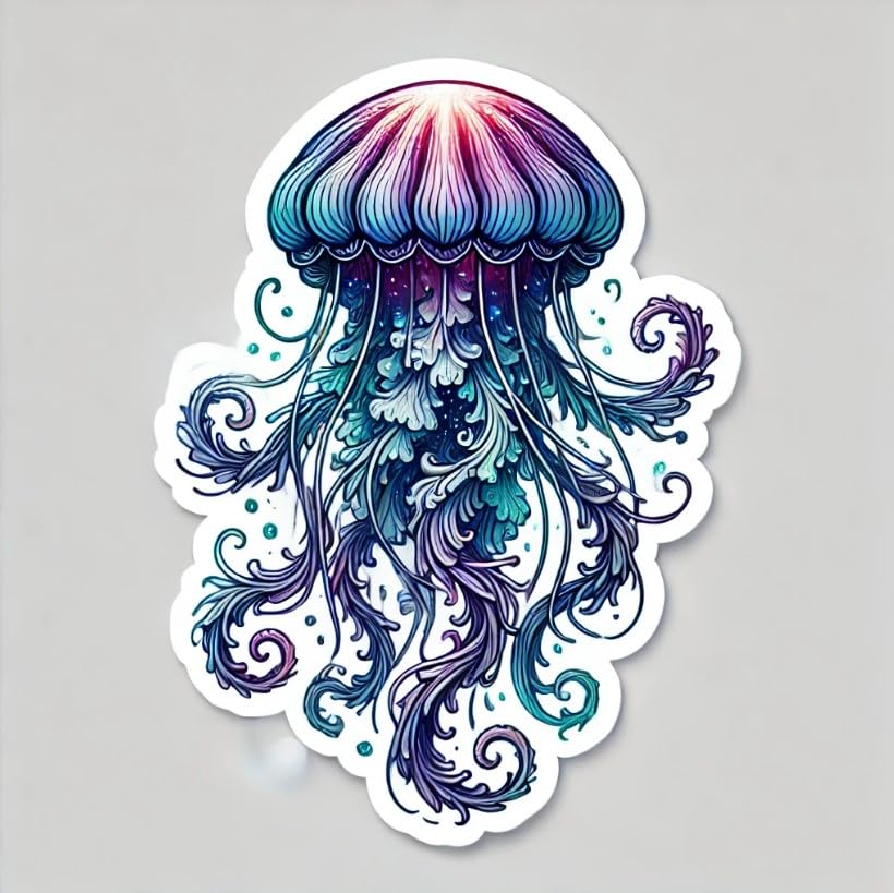 Vinyl sticker: Mythical Jellyfish Sticker captures The Ethereal Glow and Flowing Tentacles of a Legendary sea Creature, Combining Vibrant Shades of Blue, Purple, and White for a Truly otherworldly Appearance.