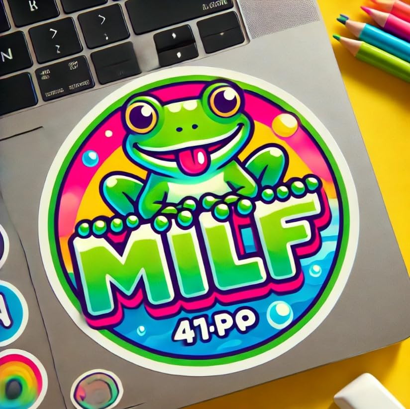 Vinyl sticker: Vibrant Frog Milf Round Sticker for Laptop, Wall, Car, Window, Bumper, Waterproof Decal for Trucks and Water Bottles. (6)