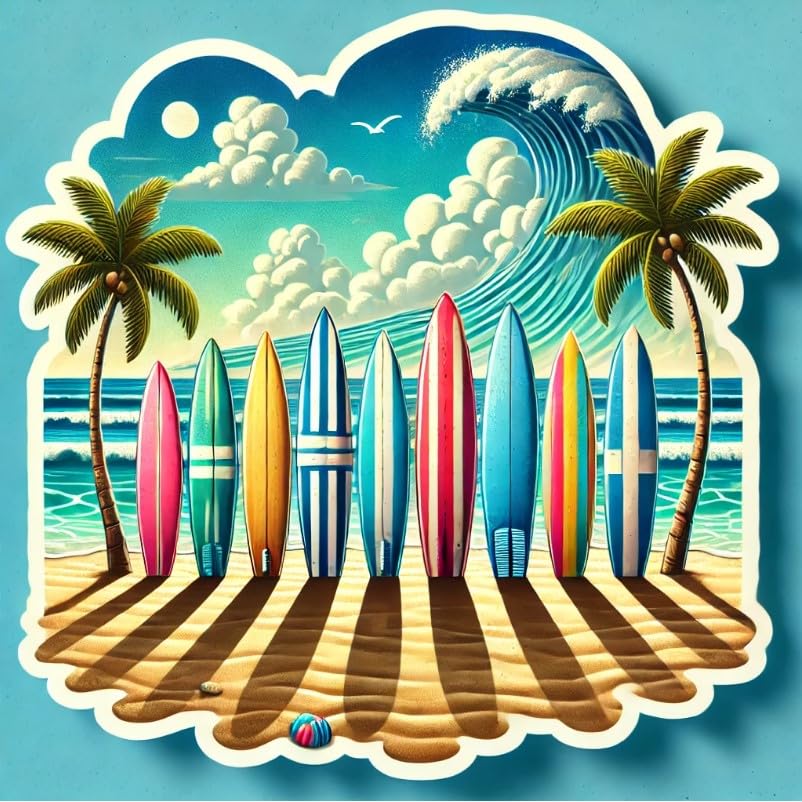 Vinyl sticker: Laptop Wall Car Window Bumper Sticker Decal Truck Waterproof Auto Water Bottle Colorful Surfboards Lined on Beach with Palm Trees and Blue Sky