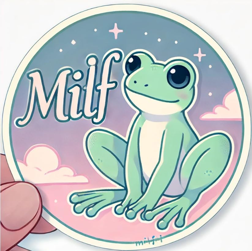 Vinyl sticker: Whimsical Frog Milf Round Sticker for Laptop, Wall, Car, Window, Bumper, Waterproof Decal for Trucks and Water Bottles