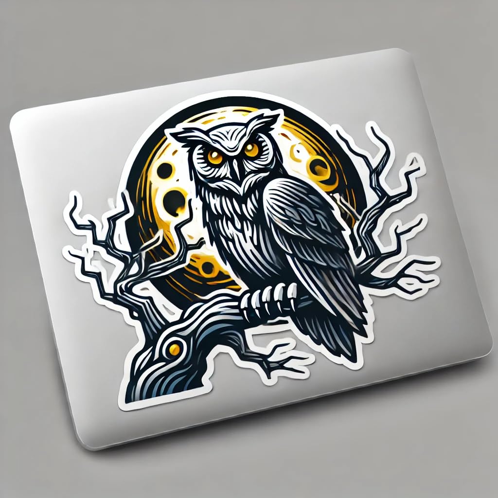 Vinyl sticker: Spooky Owl with Glowing Yellow Eyes Sticker for Laptop, Wall, Car, Window, Bumper, and Water Bottle - Waterproof Vinyl Decal for Truck and Auto