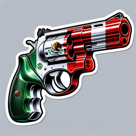 Vinyl sticker: Realistic Mexican Flag Colored Revolver Sticker for Car, Window, Laptop, Truck, Bumper - No Outline, High-Detail Decal for Auto and Water Bottles