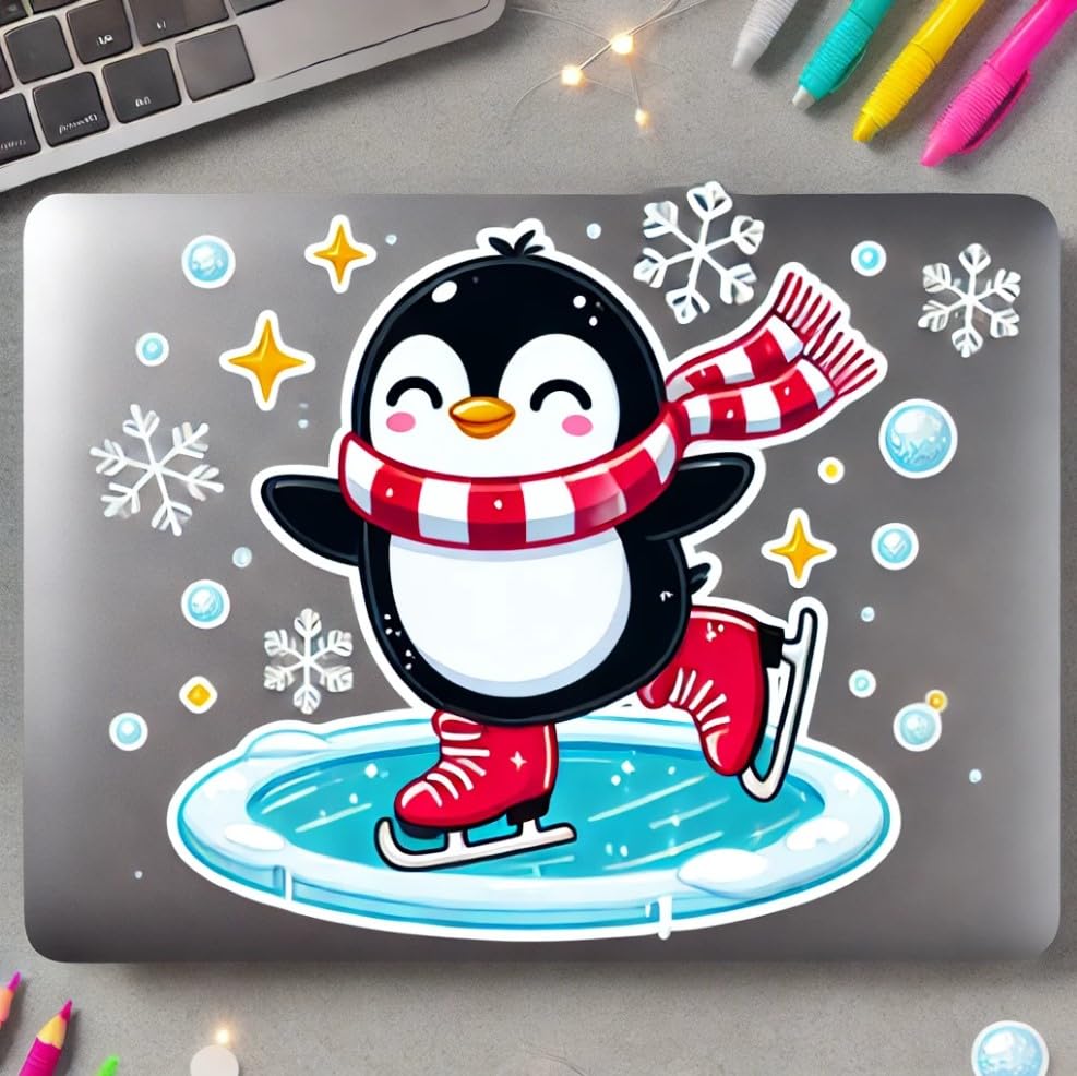Vinyl sticker: Playful Ice Skating Penguin Decal – Waterproof Vinyl Sticker for Laptop, Car, Wall, Window, Bumper, Auto, and Water Bottle