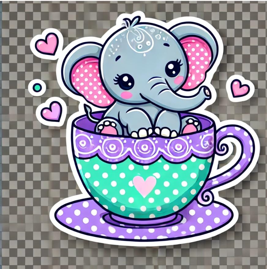Vinyl sticker: Whimsical Baby Elephant Wall Laptop Car Window Bumper Sticker Decal – Waterproof Vinyl Elephant in Teacup for Water Bottles