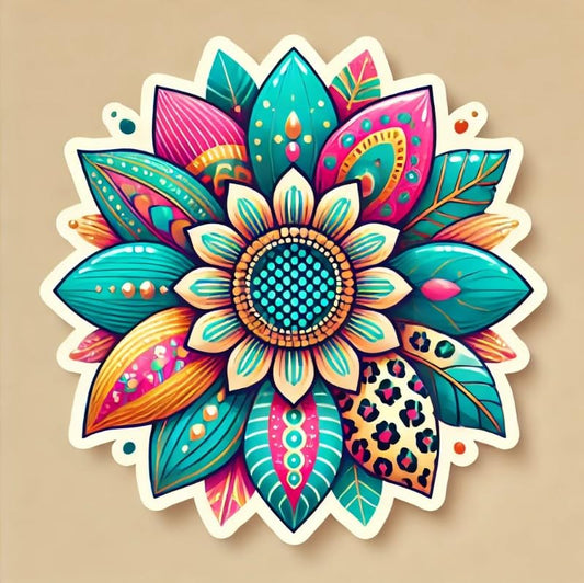 Vinyl sticker: Colorful Sunflower Sticker with Leopard Print - Boho Chic Floral Decal for Laptop, Wall, Car, Window, Bumper, Truck, Waterproof Vinyl for Water Bottle and Auto