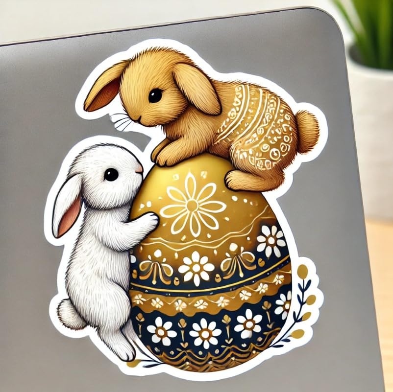 Vinyl sticker: Easter Bunnies on Golden Egg Sticker for Laptop, Wall, Car, Window, Bumper, Decal, Truck, Waterproof, Auto, Water Bottle – Fluffy Rabbits with Floral Egg