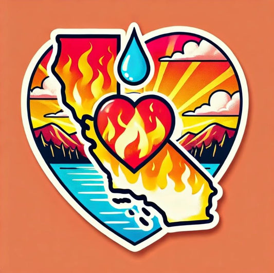 Vinyl sticker: California Resilience and Rebirth - Heart Ablaze with Flames and Water Symbol – Wildfire Recovery Support Sticker
