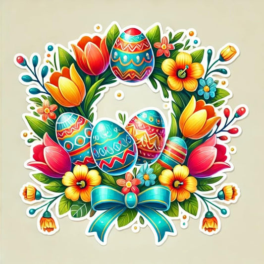 Vinyl sticker: Bright Easter Wreath Laptop Wall Car Window Bumper Sticker Decal Truck Waterproof Auto Water Bottle – Vibrant Floral & Festive Egg Arrangement