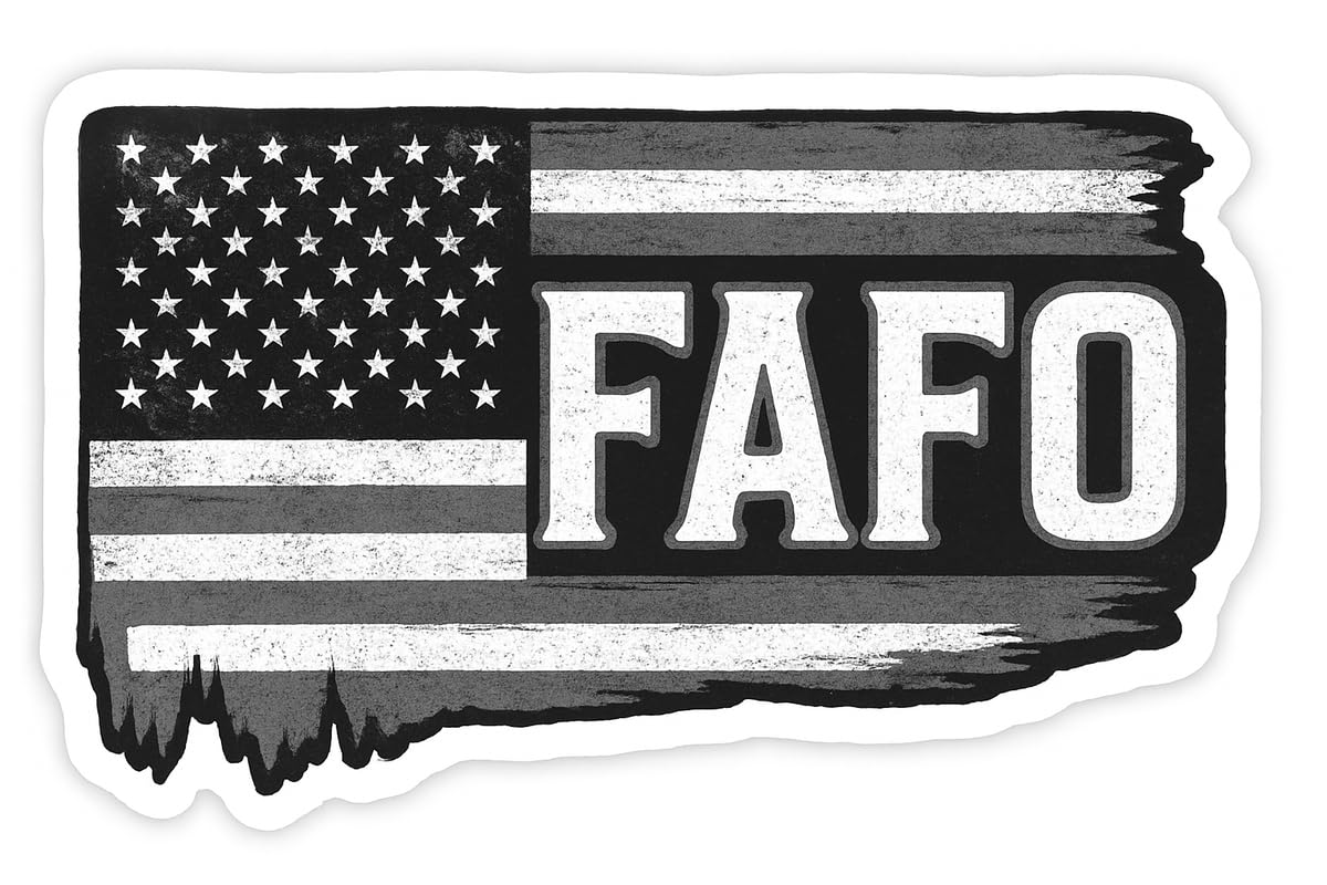 Vinyl sticker: FAFO Black and White American Flag Sticker – Horizontal Distressed Flag with FAFO Text – Vinyl Decal for Laptop, Wall, Car, Window, Bumper, Truck, Auto, Water Bottle – Variation 27