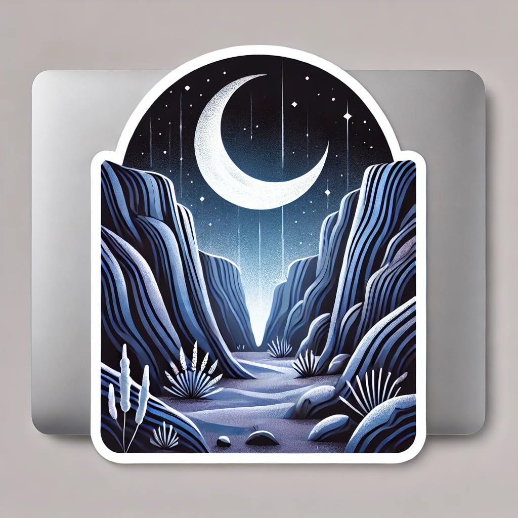 Vinyl sticker: Dreamy Canyon Moonlight Sticker for Laptop Wall Car Window Bumper – Peaceful Night Landscape Art for Truck, Water Bottle, Auto