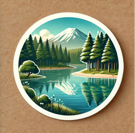 Vinyl sticker: Round Forest and Lake Landscape Sticker - Natural Scenery Decal for Laptop, Wall, Car, Window, Bumper, Truck, Waterproof Auto, Water Bottle Decor