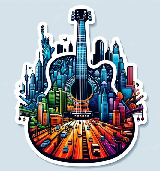 Vinyl sticker: Urban Melody Guitar Sticker – Musical Cityscape Decal for Laptops, Cars, and Windows