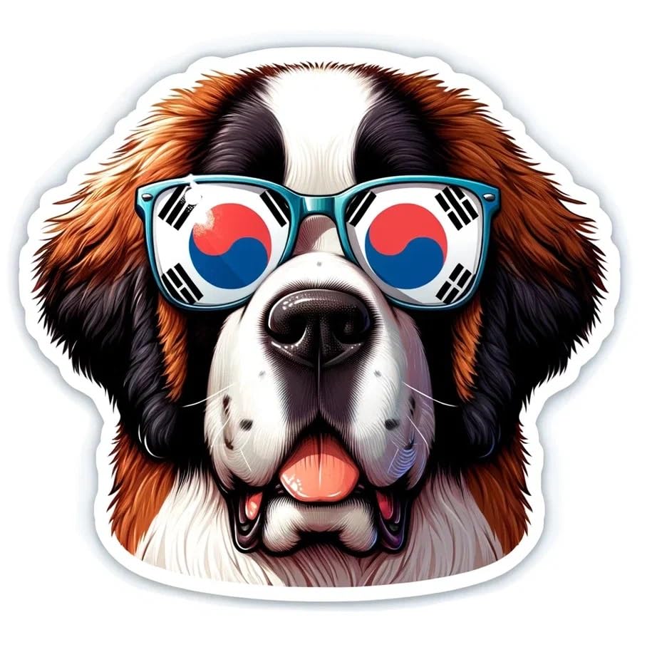 Vinyl sticker: Sticker Saint Bernard Glasses Flag Korean Patriotic Dog Vinyl Decal American Flag & Cute Dogs in Glasses USA Pride Canine Waterproof Décor for Laptops Water Bottles Laptop Saint Bernard