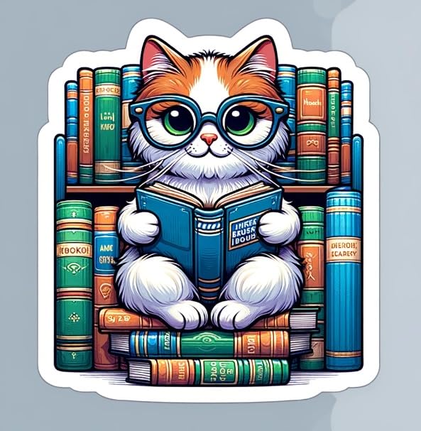Vinyl sticker: Bookish Cat in Library Sticker - Whimsical Decal for Readers and Cat Lovers (4)