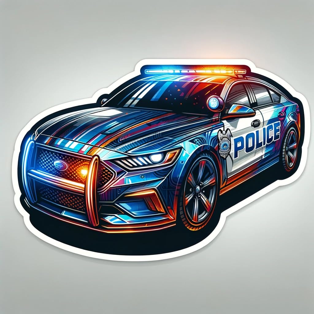 Vinyl sticker: Modern Police Car with Flashing Lights Decal Sticker for Car, Laptop, Wall, Window, Bumper, Truck, Waterproof Auto, Water Bottle