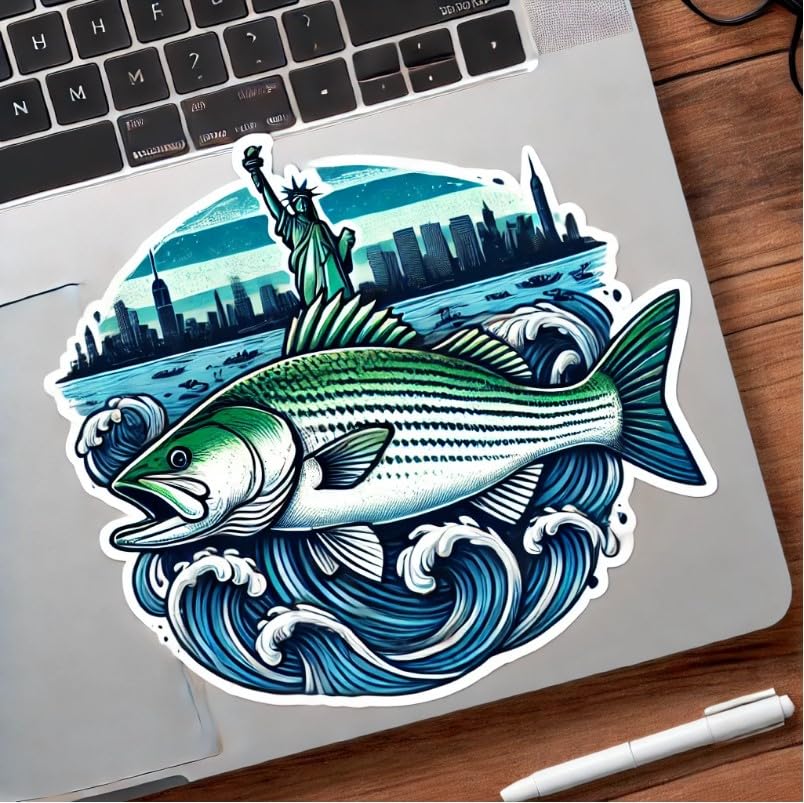 Vinyl sticker: Striped Bass Ocean Wave NYC Sticker – Laptop Wall Car Window Bumper Decal Truck Waterproof Auto Water Bottle