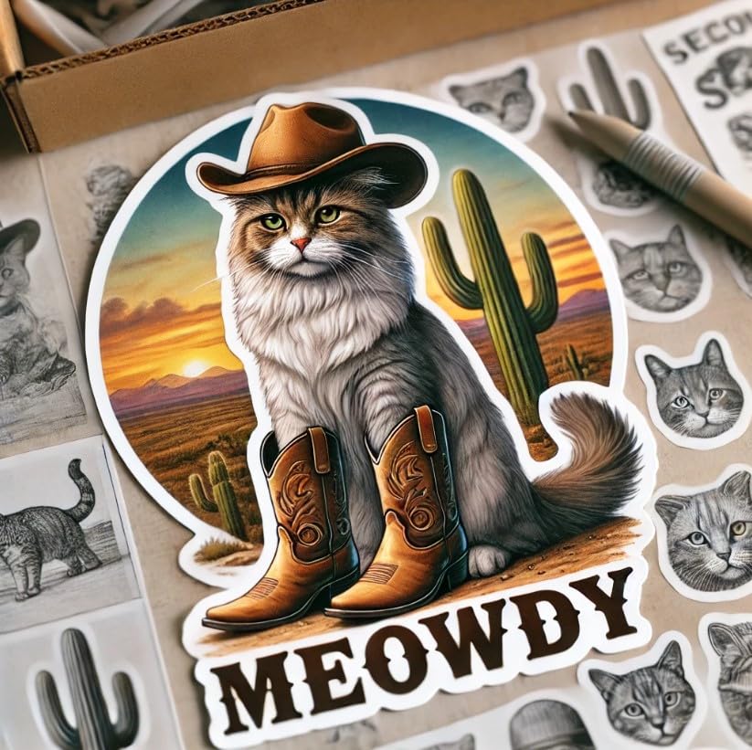 Vinyl sticker: Meowdy Cowboy Cat Standing Proudly Sticker for Laptop, Wall, Car, Window, Bumper, Truck, Waterproof Decal - Realistic Design
