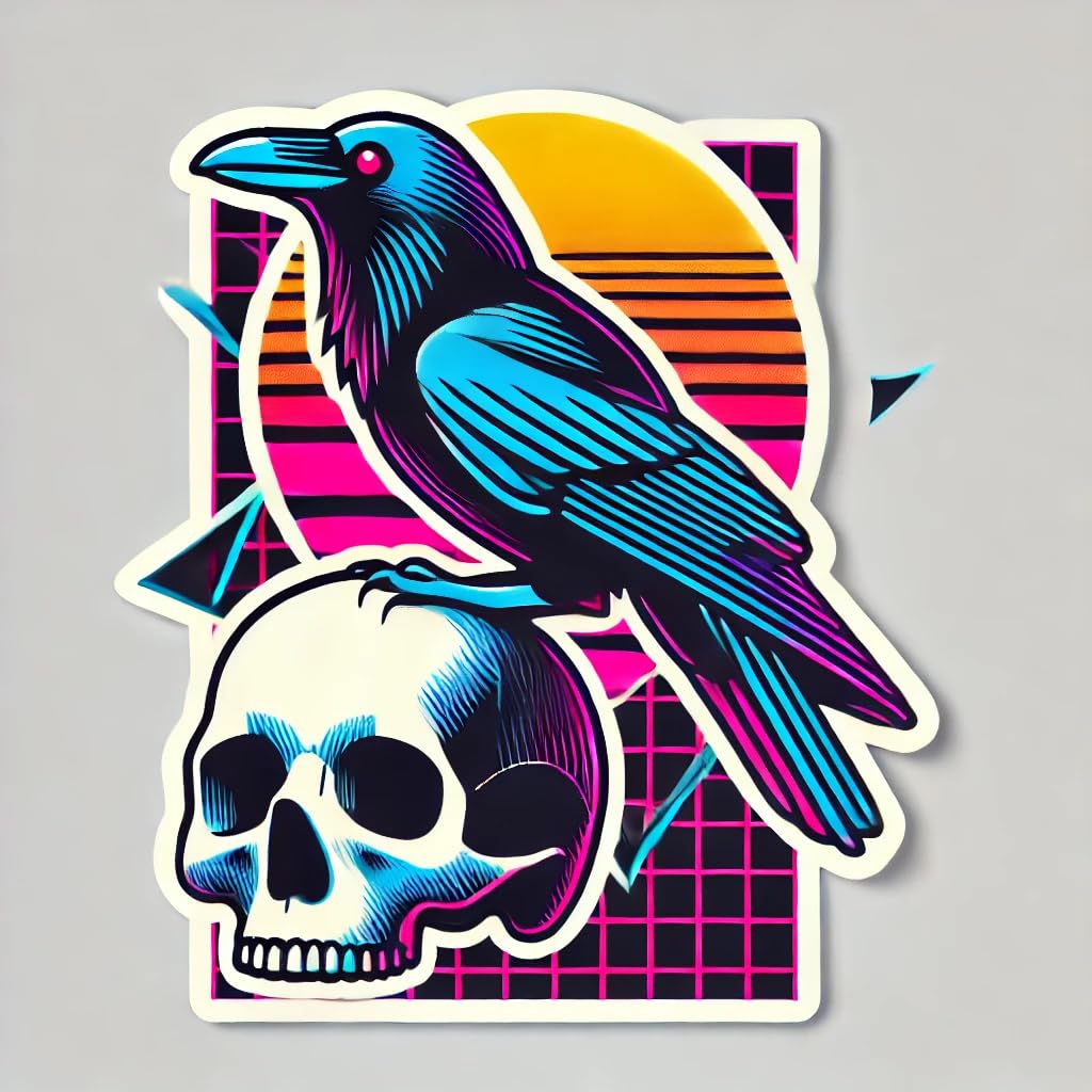 Vinyl sticker: Retro 80s Raven Crow on Skull Laptop Wall Car Window Bumper Sticker Decal Truck Waterproof Auto Water Bottle