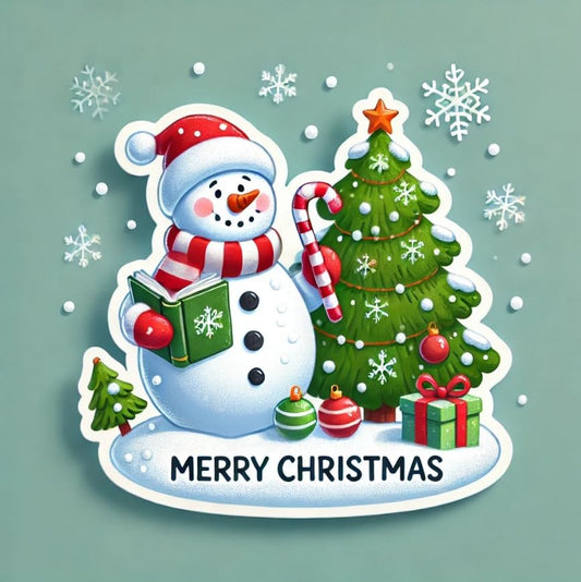 Vinyl sticker: Snowman Holding Book and Candy Cane with Christmas Tree Design