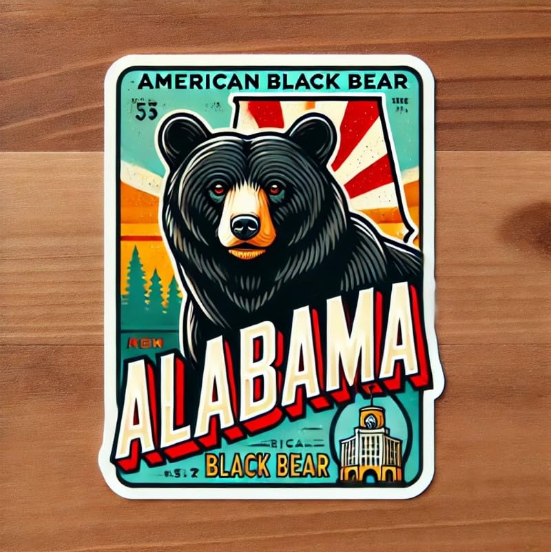 Vinyl sticker: Vintage Alabama Black Bear Wall, Car, Window, Bumper Sticker – Retro Postcard Design for Laptops and Water Bottles