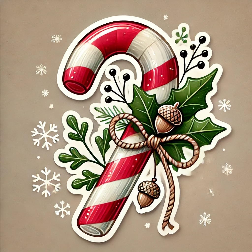 Vinyl sticker: Christmas Candy Cane Sticker for Laptop, Wall, Car, Window, Bumper – Woodland Candy Cane with Acorns and Twine Bow – Waterproof and UV Resistant for Truck, Auto, Water Bottle, and More