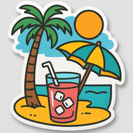 Vinyl sticker: Cartoon Tropical Drink Sticker – Waterproof Vinyl Decal for Laptop, Car, Wall, Window, Bumper, Water Bottle, Auto, Truck – Bright Beach Cocktail with Palm and Umbrella – Variation 5