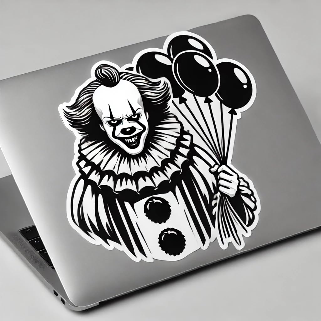 Vinyl sticker: Creepy Clown with Sinister Smile and Black Balloons Sticker for Laptop, Wall, Car, Window, Bumper, and Water Bottle - Waterproof Vinyl Decal for Truck and Auto (8)
